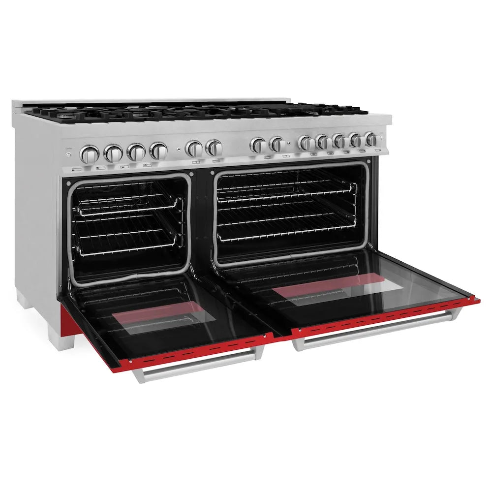ZLINE 60 in. 7.4 cu. ft. Legacy Dual Fuel Range with 9 Burner Gas Cooktop and 2 Electric Convection Ovens in Satin Stainless Steel and Red Matte Doors (RAS-RM-60) side, oven open.