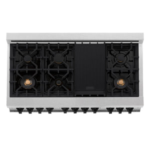 ZLINE Autograph Edition 48 in. 6.0 cu. ft. Legacy Dual Fuel Range with 7 Burner Gas Cooktop and 2 Electric Ovens in DuraSnow® Stainless Steel with White Matte Doors and Matte Black Accents (RASZ-WM-48-MB) top-down, above cooktop.