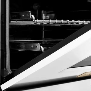 ZLINE Autograph Edition 36 in. 4.6 cu. ft. Legacy Dual Fuel Range with 6 Burner Gas Cooktop and Electric Convection Oven in Satin Stainless Steel with White Matte Door and Polished Gold Accents (RASZ-WM-36-G) close-up, oven open door.