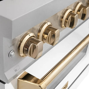 ZLINE Autograph Edition 36 in. 4.6 cu. ft. Legacy Dual Fuel Range with 6 Burner Gas Cooktop and Electric Convection Oven in Satin Stainless Steel with White Matte Door and Polished Gold Accents (RASZ-WM-36-G) knobs.