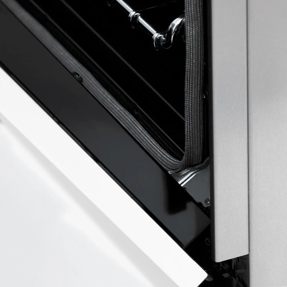 ZLINE Autograph Edition 36 in. 4.6 cu. ft. Legacy Dual Fuel Range with 6 Burner Gas Cooktop and Electric Convection Oven in Satin Stainless Steel with White Matte Door and Polished Gold Accents (RASZ-WM-36-G) detail, StayPut hinge.