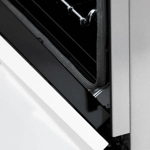 ZLINE Autograph Edition 36 in. 4.6 cu. ft. Legacy Dual Fuel Range with 6 Burner Gas Cooktop and Electric Convection Oven in Satin Stainless Steel with White Matte Door and Polished Gold Accents (RASZ-WM-36-G) detail, StayPut hinge.