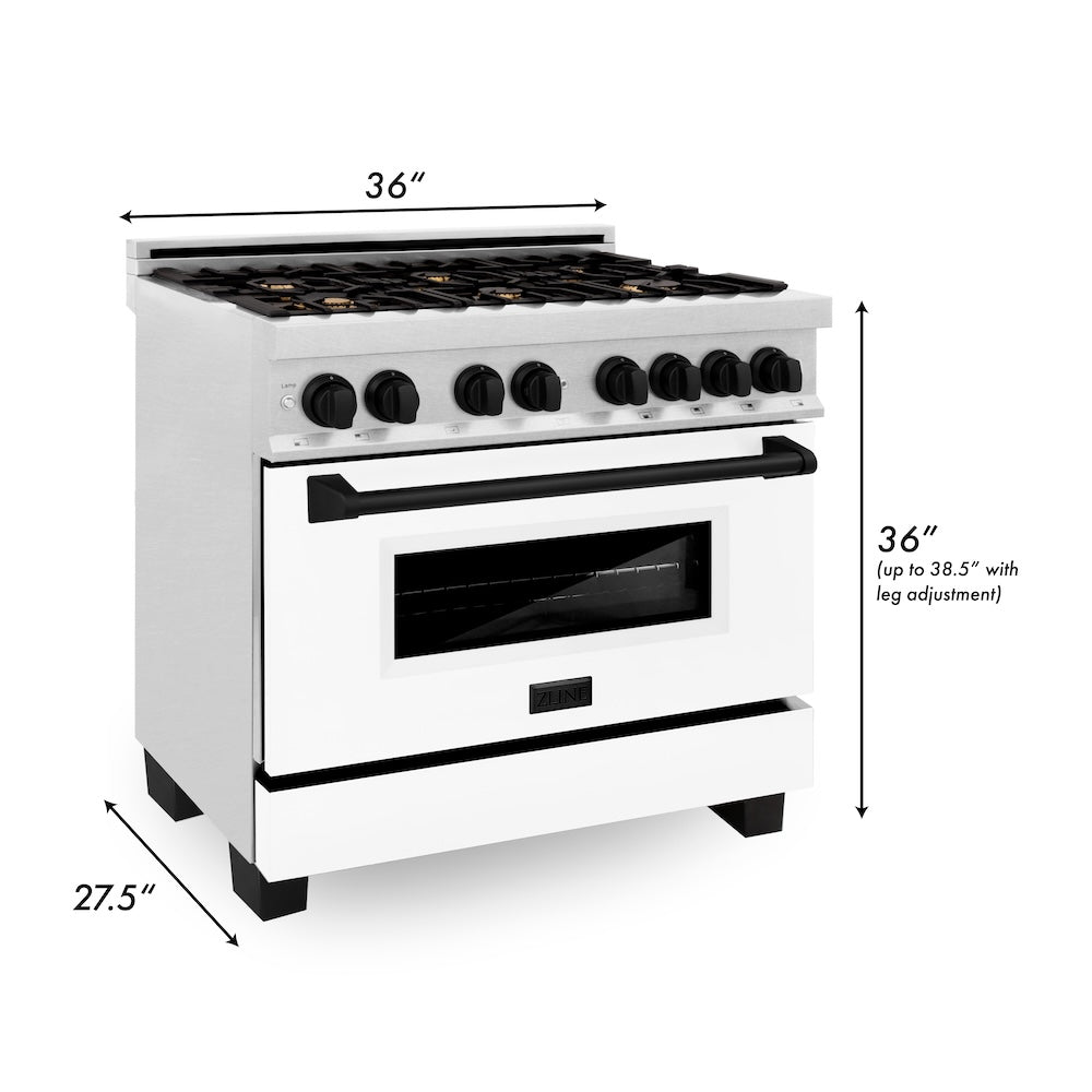 ZLINE Autograph Edition 36 in. 4.6 cu. ft. Legacy Dual Fuel Range with 6 Burner Gas Cooktop and Electric Convection Oven in Satin Stainless Steel with White Matte Door and Matte Black Accents (RASZ-WM-36-MB)