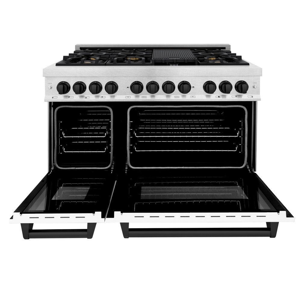 ZLINE Autograph Edition 48 in. 6.0 cu. ft. Legacy Dual Fuel Range with 7 Burner Gas Cooktop and 2 Electric Ovens in DuraSnow® Stainless Steel with White Matte Doors and Matte Black Accents (RASZ-WM-48-MB)