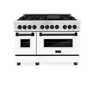 ZLINE Autograph Edition 48 in. 6.0 cu. ft. Legacy Dual Fuel Range with 7 Burner Gas Cooktop and 2 Electric Ovens in DuraSnow® Stainless Steel with White Matte Doors and Matte Black Accents (RASZ-WM-48-MB) front, oven closed.