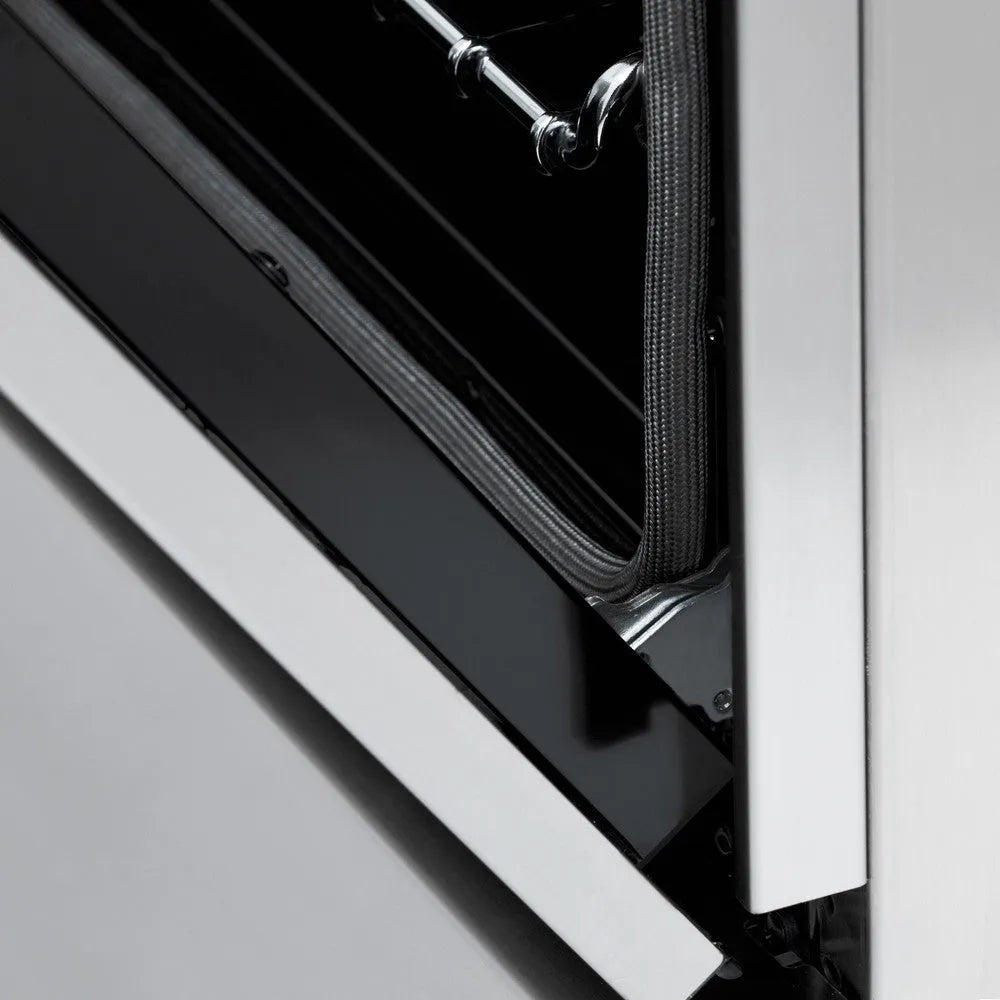ZLINE Autograph Edition 24 in. 2.8 cu. ft. Legacy Dual Fuel Range with 4 Burner Gas Cooktop and Electric Convection Oven in Stainless Steel and Polished Gold Accents (RAZ-24-G) StayPut oven door hinge.