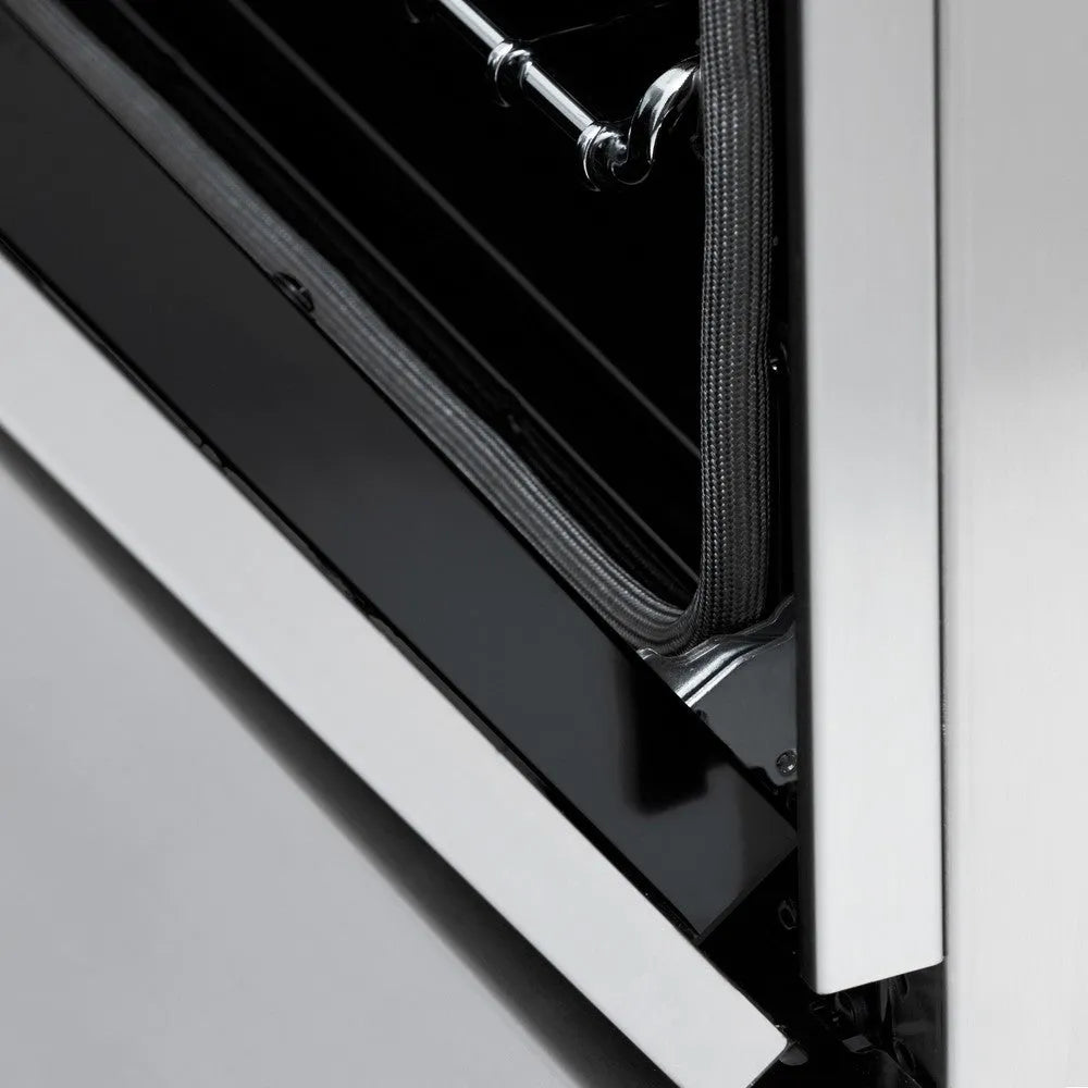 ZLINE Autograph Edition 60 in. 7.4 cu. ft. Legacy Dual Fuel Range with 9 Burner Gas Cooktop and 2 Electric Convection Ovens in Stainless Steel and Champagne Bronze Accents (RAZ-60-CB) StayPut oven door hinge.