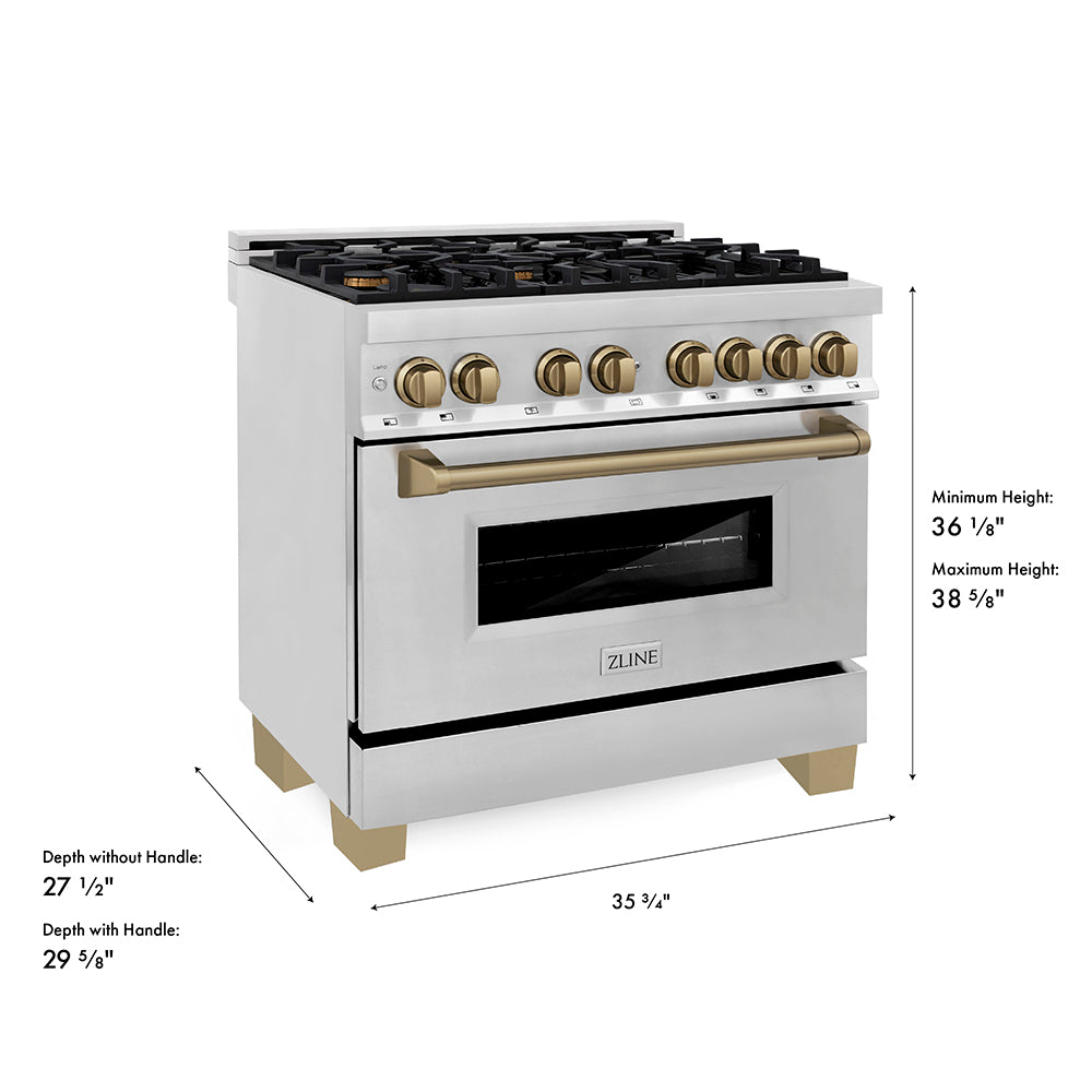 ZLINE Autograph Edition 36 in. 4.6 cu. ft. Legacy Dual Fuel Range with 6 Burner Gas Cooktop and Electric Convection Oven in Stainless Steel and Champagne Bronze Accents (RAZ-36-CB) dimensional diagram with measurements.