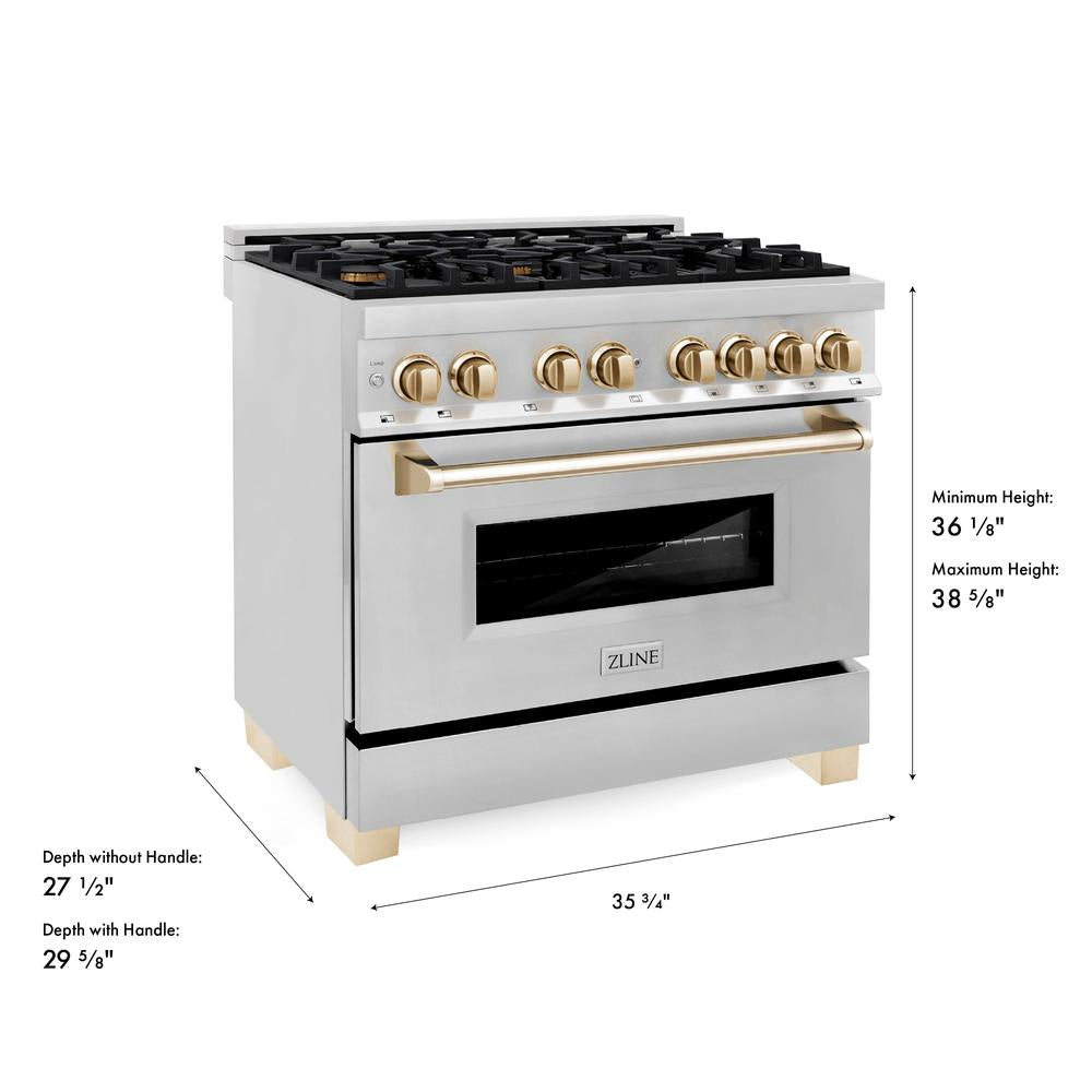 ZLINE Autograph Edition 36 in. 4.6 cu. ft. Legacy Dual Fuel Range with 6 Burner Gas Cooktop and Electric Convection Oven in Stainless Steel and Polished Gold Accents (RAZ-36-G) dimensional diagram.