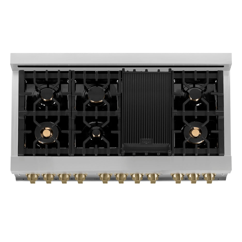 ZLINE Autograph Edition 48 in. 6.0 cu. ft. Legacy Dual Fuel Range with 7 Burner Gas Cooktop and 2 Electric Ovens in Stainless Steel and Champagne Bronze Accents (RAZ-48-CB) top-down, above cooktop.