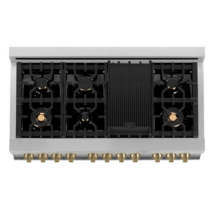 ZLINE Autograph Edition 48 in. 6.0 cu. ft. Legacy Dual Fuel Range with 7 Burner Gas Cooktop and 2 Electric Ovens in Stainless Steel and Champagne Bronze Accents (RAZ-48-CB) top-down, above cooktop.