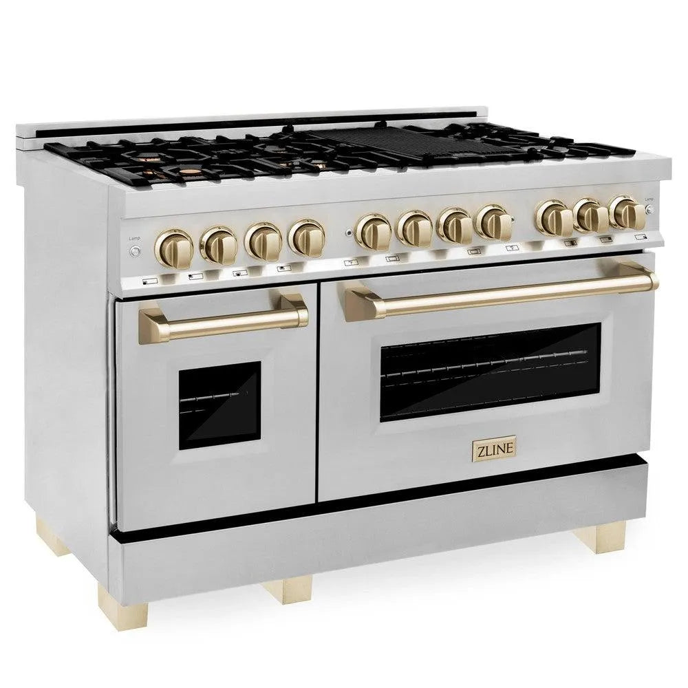 ZLINE Autograph Edition 48 in. 6.0 cu. ft. Dual Fuel Range with Gas Stove and Electric Oven in Stainless Steel with Polished Gold Accents (RAZ-48-G) side, ovens closed.
