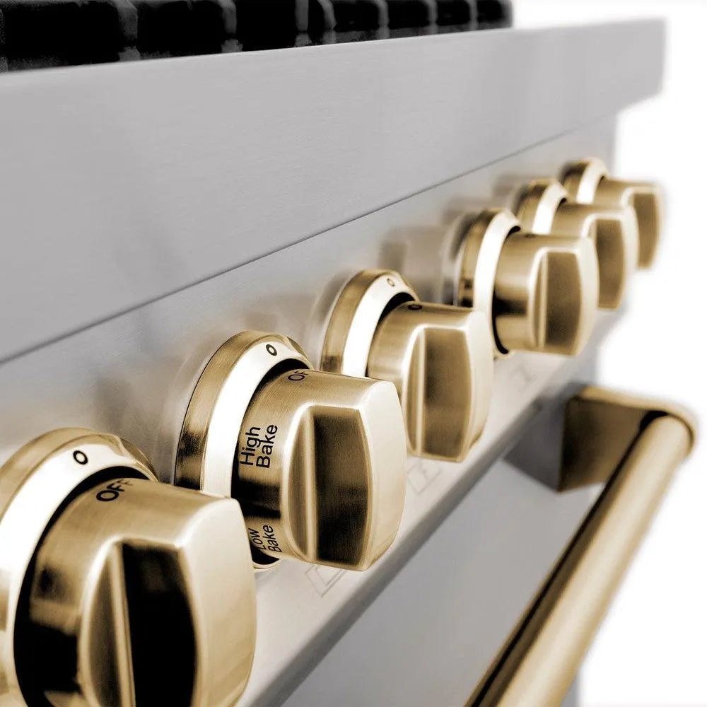 Polished Gold oven and cooktop knobs on ZLINE Autograph Edition Range.