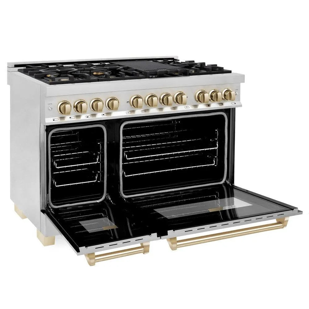 ZLINE Autograph Edition 48 in. 6.0 cu. ft. Dual Fuel Range with Gas Stove and Electric Oven in Stainless Steel with Polished Gold Accents (RAZ-48-G) side, ovens open.