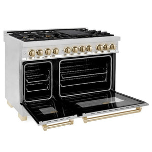 ZLINE Autograph Edition 48 in. 6.0 cu. ft. Dual Fuel Range with Gas Stove and Electric Oven in Stainless Steel with Polished Gold Accents (RAZ-48-G) side, ovens open.