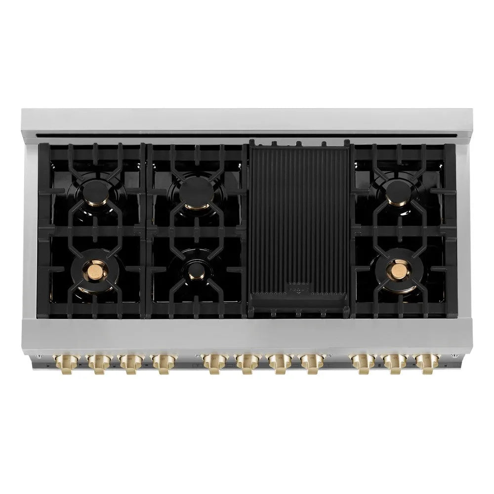ZLINE Autograph Edition 48 in. 6.0 cu. ft. Dual Fuel Range with Gas Stove and Electric Oven in Stainless Steel with Polished Gold Accents (RAZ-48-G) above 7-burner gas cooktop and griddle.