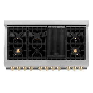 ZLINE Autograph Edition 48 in. 6.0 cu. ft. Dual Fuel Range with Gas Stove and Electric Oven in Stainless Steel with Polished Gold Accents (RAZ-48-G) above 7-burner gas cooktop and griddle.