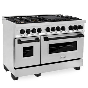 ZLINE Autograph Edition 48 in. 6.0 cu. ft. Legacy Dual Fuel Range with 7 Burner Gas Cooktop and 2 Electric Ovens in Stainless Steel and Matte Black Accents (RAZ-48-MB) main image.