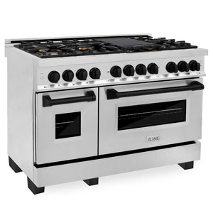 ZLINE Autograph Edition 48 in. 6.0 cu. ft. Dual Fuel Range with Gas Stove and Electric Oven in Stainless Steel with Matte Black Accents (RAZ-48-MB) side, ovens closed.