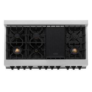 ZLINE Autograph Edition 48 in. 6.0 cu. ft. Legacy Dual Fuel Range with 7 Burner Gas Cooktop and 2 Electric Ovens in Stainless Steel and Matte Black Accents (RAZ-48-MB) top-down, above cooktop.