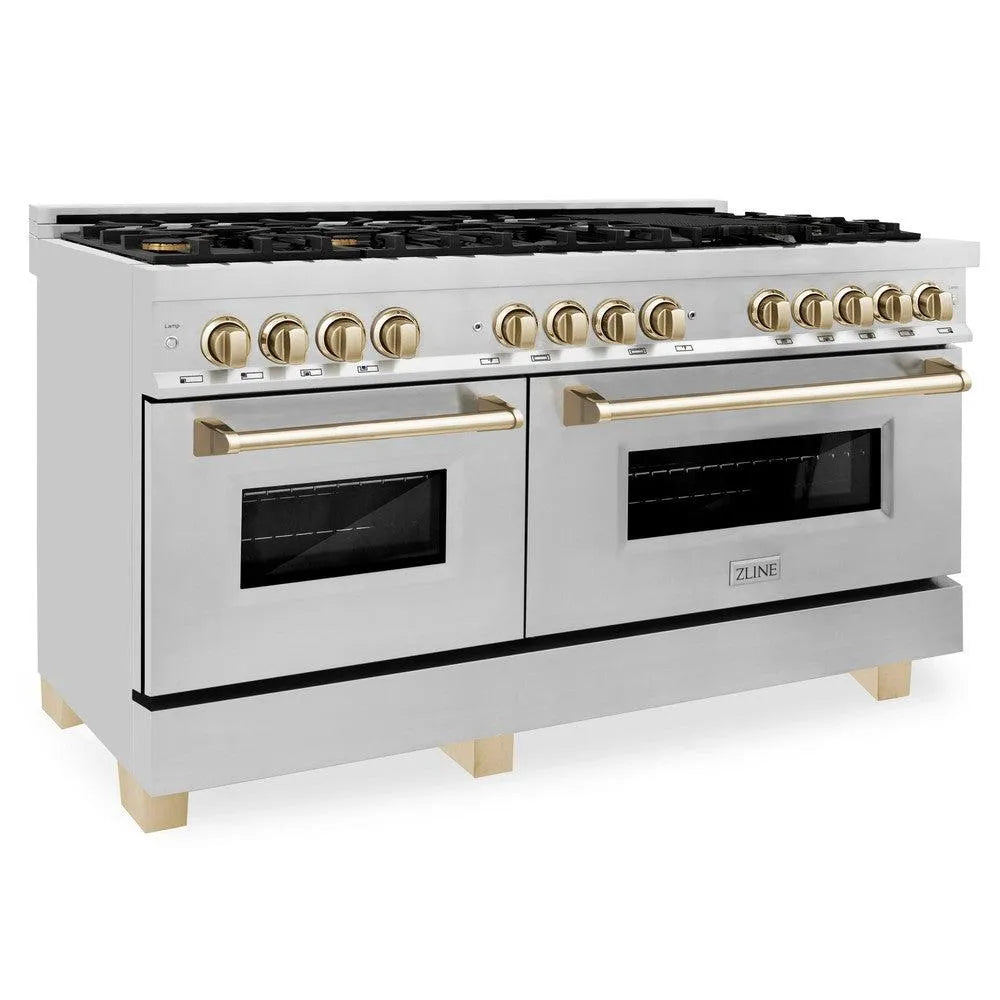 ZLINE Autograph Edition 60 in. 7.4 cu. ft. Legacy Dual Fuel Range with 9 Burner Gas Cooktop and 2 Electric Convection Ovens in Stainless Steel and Polished Gold Accents (RAZ-60-G) main image.