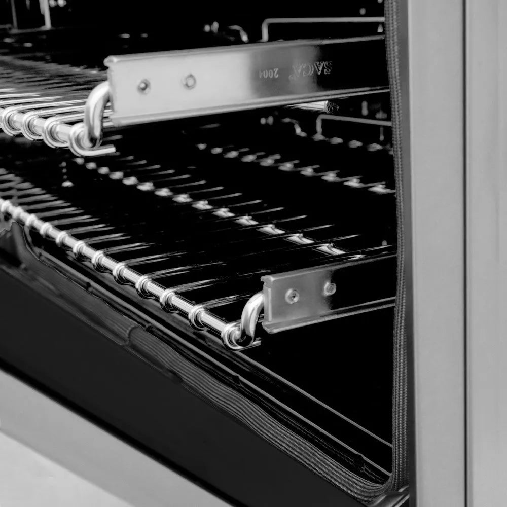 ZLINE Autograph Edition 60 in. 7.4 cu. ft. Legacy Dual Fuel Range with 9 Burner Gas Cooktop and 2 Electric Convection Ovens in Stainless Steel and Matte Black Accents (RAZ-60-MB) oven racks, side.