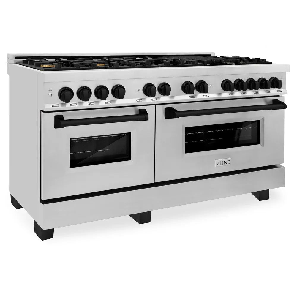 ZLINE Autograph Edition 60 in. 7.4 cu. ft. Legacy Dual Fuel Range with 9 Burner Gas Cooktop and 2 Electric Convection Ovens in Stainless Steel and Matte Black Accents (RAZ-60-MB) main image.