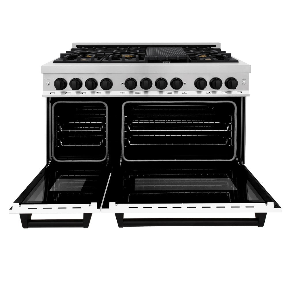 ZLINE Autograph Edition 48 in. 6.0 cu. ft. Legacy Dual Fuel Range with 7 Burner Gas Cooktop and 2 Electric Ovens in Stainless Steel with White Matte Doors and Matte Black Accents (RAZ-WM-48-MB) front, oven open.