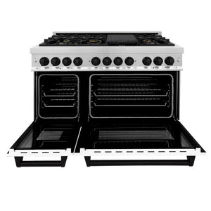 ZLINE Autograph Edition 48 in. 6.0 cu. ft. Legacy Dual Fuel Range with 7 Burner Gas Cooktop and 2 Electric Ovens in Stainless Steel with White Matte Doors and Matte Black Accents (RAZ-WM-48-MB) front, open.