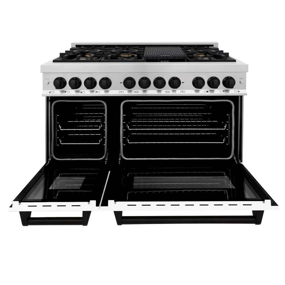 ZLINE Autograph Edition 48 in. 6.0 cu. ft. Legacy Dual Fuel Range with 7 Burner Gas Cooktop and 2 Electric Ovens in Stainless Steel with White Matte Doors and Matte Black Accents (RAZ-WM-48-MB) front, open.