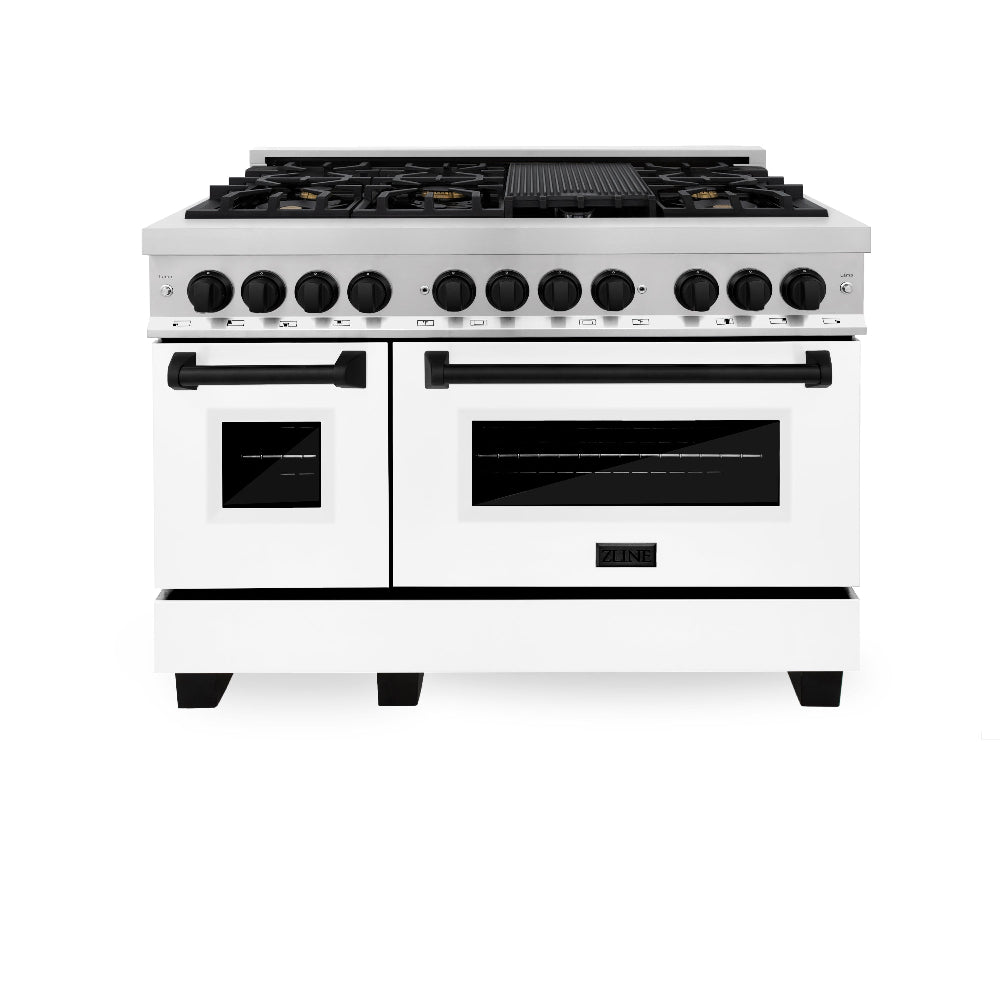 ZLINE Autograph Edition 48 in. 6.0 cu. ft. Legacy Dual Fuel Range with 7 Burner Gas Cooktop and 2 Electric Ovens in Stainless Steel with White Matte Doors and Matte Black Accents (RAZ-WM-48-MB) front, oven closed.