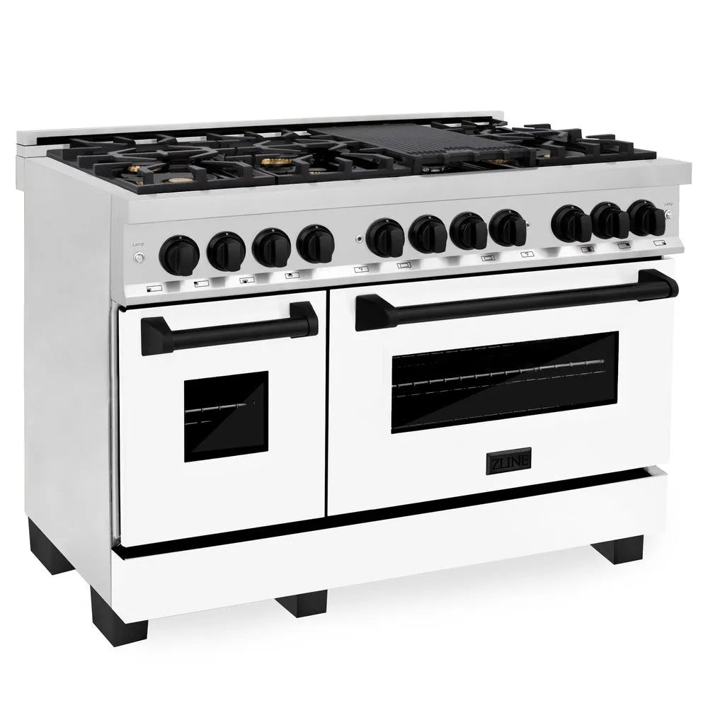 ZLINE Autograph Edition 48 in. 6.0 cu. ft. Legacy Dual Fuel Range with 7 Burner Gas Cooktop and 2 Electric Ovens in Stainless Steel with White Matte Doors and Matte Black Accents (RAZ-WM-48-MB) main image.