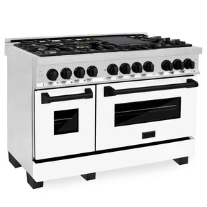 ZLINE Autograph Edition 48 in. 6.0 cu. ft. Legacy Dual Fuel Range with 7 Burner Gas Cooktop and 2 Electric Ovens in Stainless Steel with White Matte Doors and Matte Black Accents (RAZ-WM-48-MB) main image.