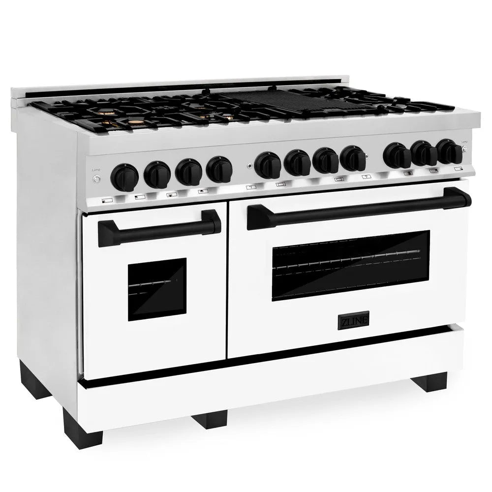 ZLINE Autograph Edition 48 in. Kitchen Package with Stainless Steel Dual Fuel Range with White Matte Door, Range Hood and Dishwasher with Matte Black Accents (3AKP-RAWMRHDWM48-MB) 