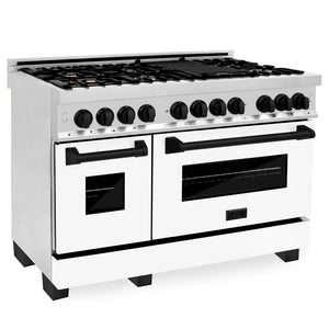 ZLINE Autograph Edition 48 in. Kitchen Package with Stainless Steel Dual Fuel Range with White Matte Door, Range Hood and Dishwasher with Matte Black Accents (3AKP-RAWMRHDWM48-MB) 