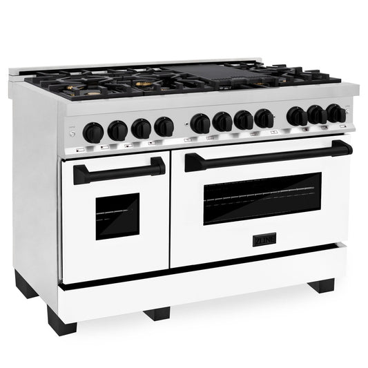 ZLINE Autograph Edition 48 in. 6.0 cu. ft. Legacy Dual Fuel Range with 7 Burner Gas Cooktop and 2 Electric Ovens in Stainless Steel with White Matte Doors and Matte Black Accents (RAZ-WM-48-MB)