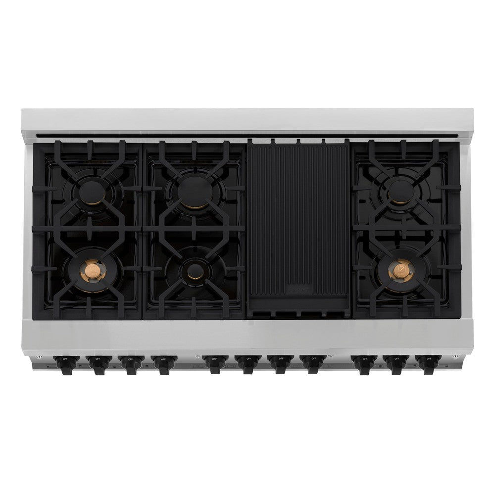 ZLINE Autograph Edition 48 in. 6.0 cu. ft. Legacy Dual Fuel Range with 7 Burner Gas Cooktop and 2 Electric Ovens in Stainless Steel with White Matte Doors and Matte Black Accents (RAZ-WM-48-MB) top-down, above cooktop.