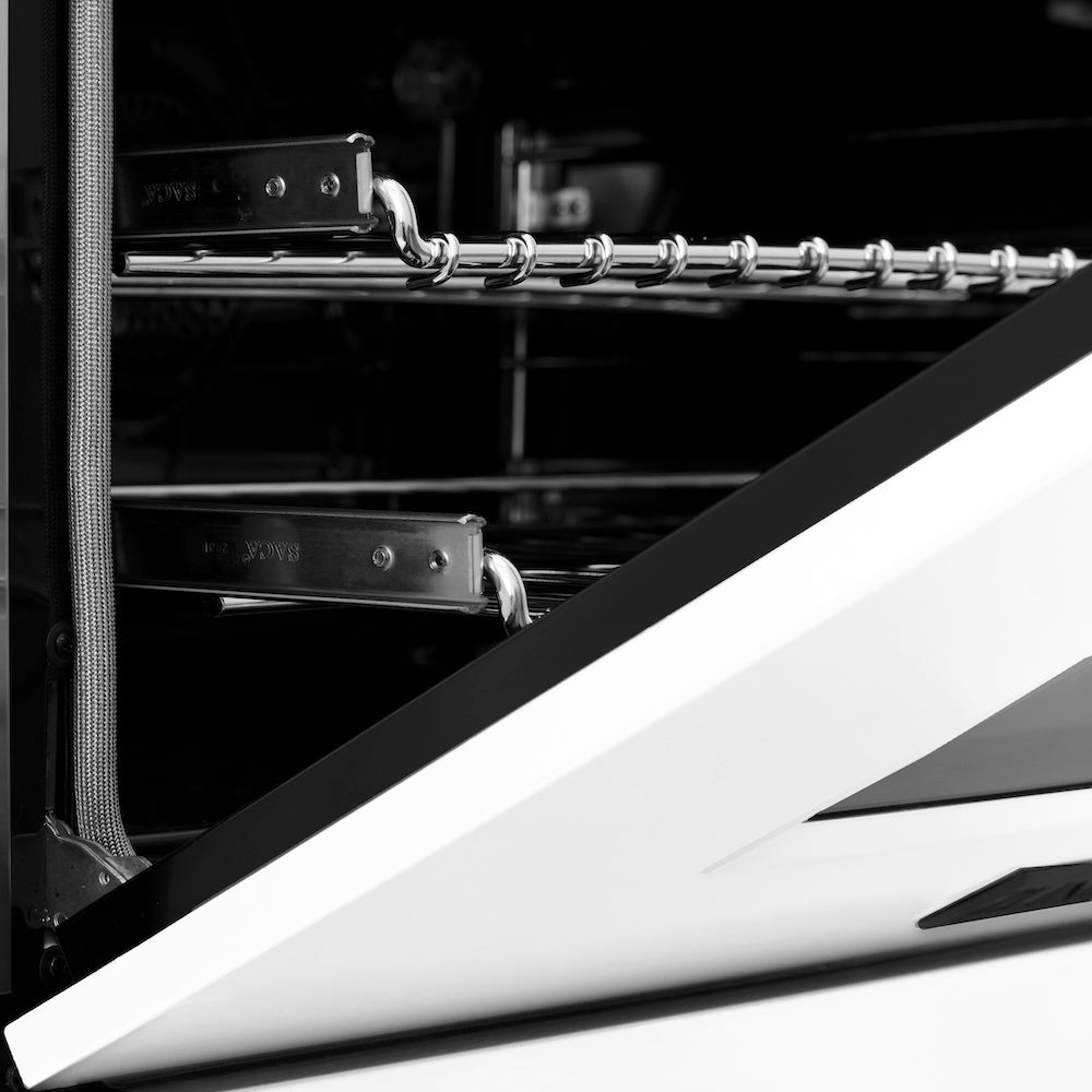 ZLINE Autograph Edition 36 in. 4.6 cu. ft. Legacy Dual Fuel Range with 6 Burner Gas Cooktop and Electric Convection Oven in Satin Stainless Steel with White Matte Door and Matte Black Accents (RASZ-WM-36-MB) oven door detail half open.