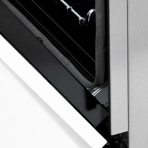 ZLINE Autograph Edition 36 in. 4.6 cu. ft. Legacy Dual Fuel Range with 6 Burner Gas Cooktop and Electric Convection Oven in Satin Stainless Steel with White Matte Door and Matte Black Accents (RASZ-WM-36-MB) detail, StayPut hinge.