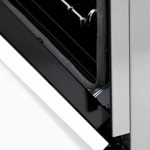 ZLINE Autograph Edition 60 in. 7.4 cu. ft. Legacy Dual Fuel Range with 9 Burner Gas Cooktop and 2 Electric Convection Ovens in Stainless Steel with White Matte Doors and Matte Black Accents (RAZ-WM-60-MB) StayPut oven door hinge.