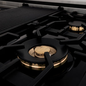ZLINE Autograph Edition 48 in. Legacy Gas Rangetop with 7 Burners and Porcelain Cooktop in Stainless Steel with Polished Gold Accents (RTZ-48-G) close-up, brass burners and griddle.