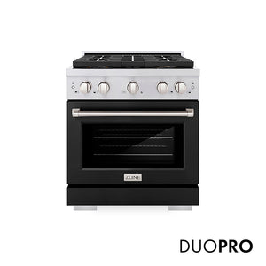 ZLINE 30 in. 4.2 cu. ft. Paramount Dual Fuel Range with 4 Burner DuoPro™ Cooktop and Electric Convection Oven with Black Matte Door (PSDR-BLM-30) front, with DuoPro™ logo.