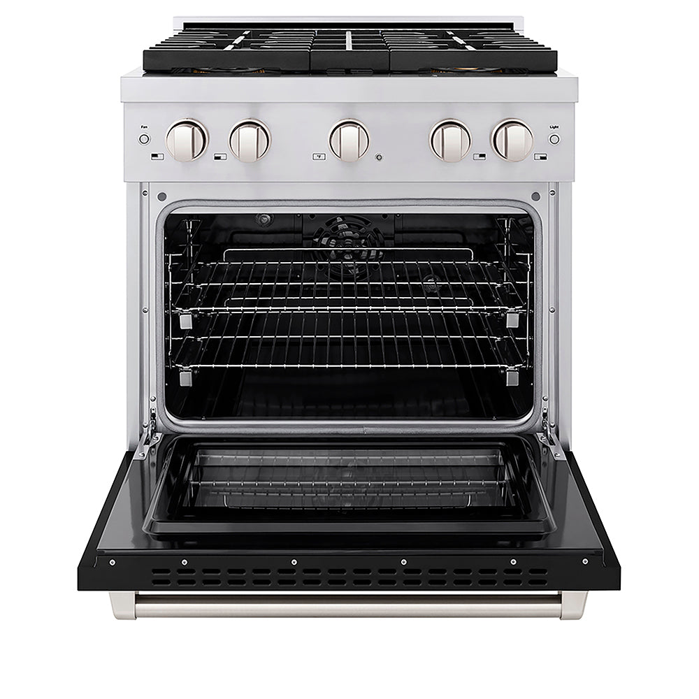 ZLINE 30 in. 4.2 cu. ft. Paramount Dual Fuel Range with 4 Burner DuoPro™ Cooktop and Electric Convection Oven with Black Matte Door (PSDR-BLM-30) front, oven open.