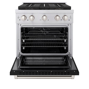ZLINE 30 in. 4.2 cu. ft. Paramount Dual Fuel Range with 4 Burner DuoPro™ Cooktop and Electric Convection Oven with Black Matte Door (PSDR-BLM-30) front, oven open.
