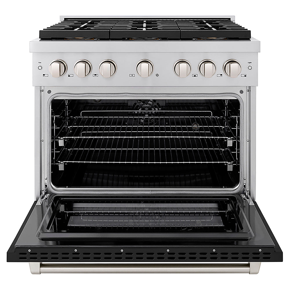 ZLINE 36 in. 5.2 cu. ft. Paramount Dual Fuel Range with 6 Burner DuoPro™ Cooktop and Electric Convection Oven with Black Matte Door (PSDR-BLM-36) front, oven open.