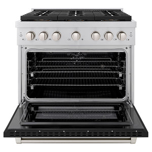 ZLINE 36 in. 5.2 cu. ft. Paramount Dual Fuel Range with 6 Burner DuoPro™ Cooktop and Electric Convection Oven with Black Matte Door (PSDR-BLM-36) front, oven open.
