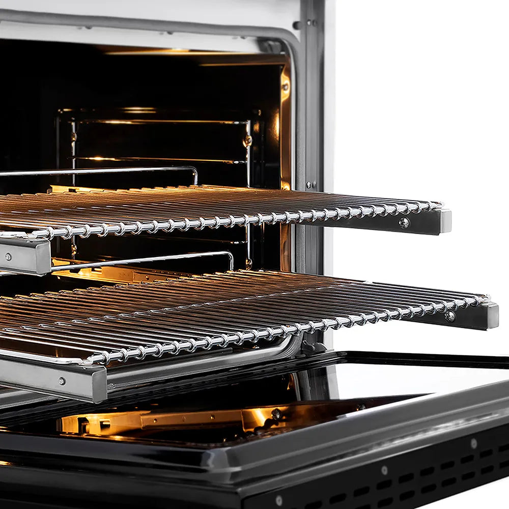 ZLINE 36 in. 5.2 cu. ft. Paramount Dual Fuel Range with 6 Burner DuoPro™ Cooktop and Electric Convection Oven with Black Matte Door (PSDR-BLM-36) close-up, oven open with racks extended, showing design and structure.