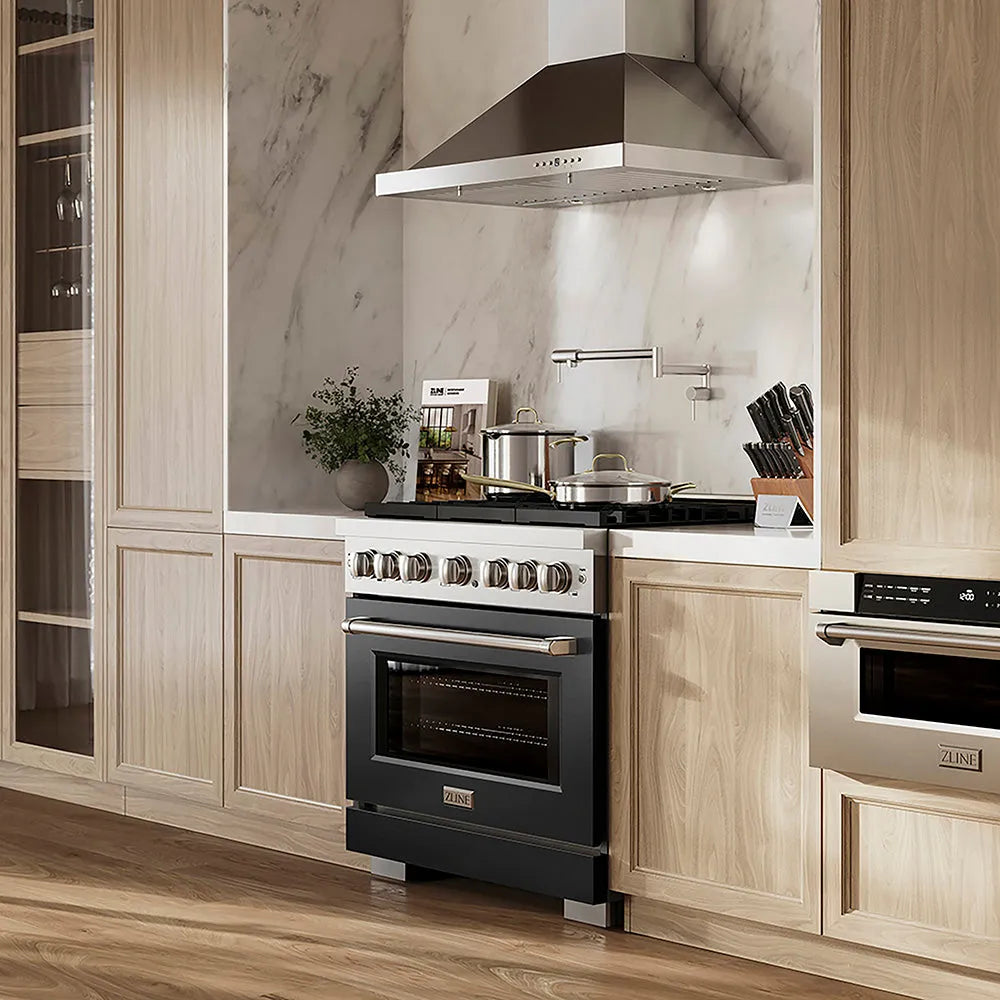ZLINE 36 in. 5.2 cu. ft. Paramount Dual Fuel Range with 6 Burner DuoPro™ Cooktop and Electric Convection Oven with Black Matte Door (PSDR-BLM-36) in a luxury kitchen with wooden cabinets marble backsplash, side.