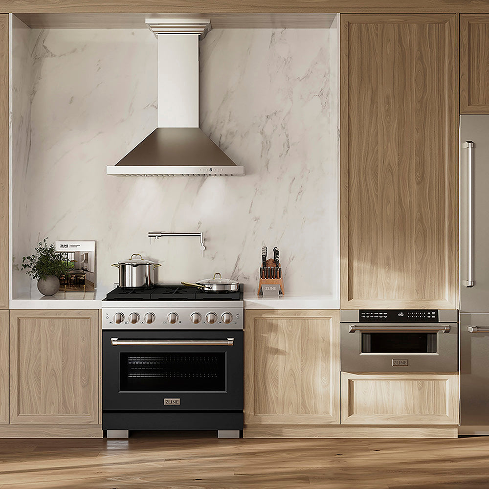 ZLINE 36 in. 5.2 cu. ft. Paramount Dual Fuel Range with 6 Burner DuoPro™ Cooktop and Electric Convection Oven with Black Matte Door (PSDR-BLM-36) in a luxury kitchen with wooden cabinets marble backsplash, front.