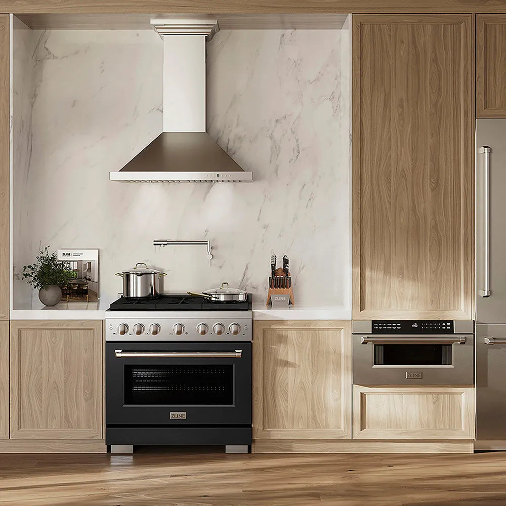 ZLINE 36 in. 5.2 cu. ft. Paramount Dual Fuel Range with 6 Burner DuoPro™ Cooktop and Electric Convection Oven with Black Matte Door (PSDR-BLM-36) in a luxury kitchen with wooden cabinets marble backsplash, front.